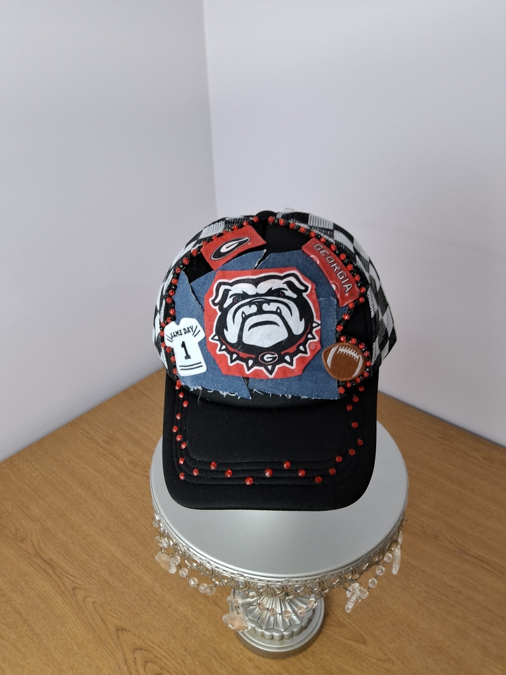 Handcrafted UGA Georgia Bulldogs Womens Embellished Checkered Baseball Cap Hat